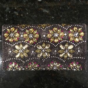 Anthropologie grey beaded clutch with gold flowers
